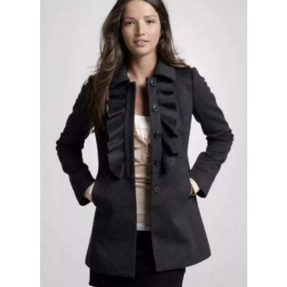 J. Crew Pea Coat 100% Wool Ruffle Button Front Black Womens Size 4 - Picture 1 of 8